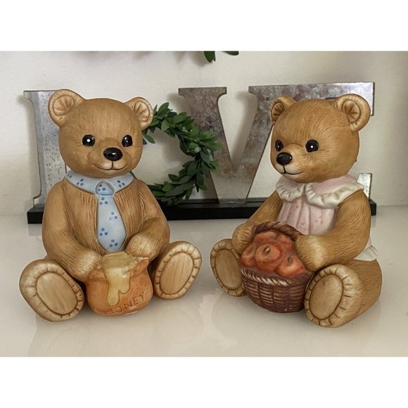 Vintage Homco Porcelain Mama and Papa Set 2 Teddy Bears 1405 Harvest Cottage 80s - Picture 1 of 12